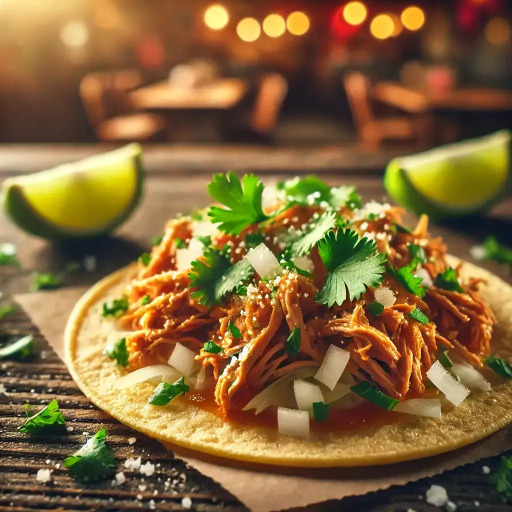 Three chicken tacos served on a plate with soft, slightly charred tortillas. The tacos are garnished with fresh cilantro, and a lime wedge is placed nearby for added zest.